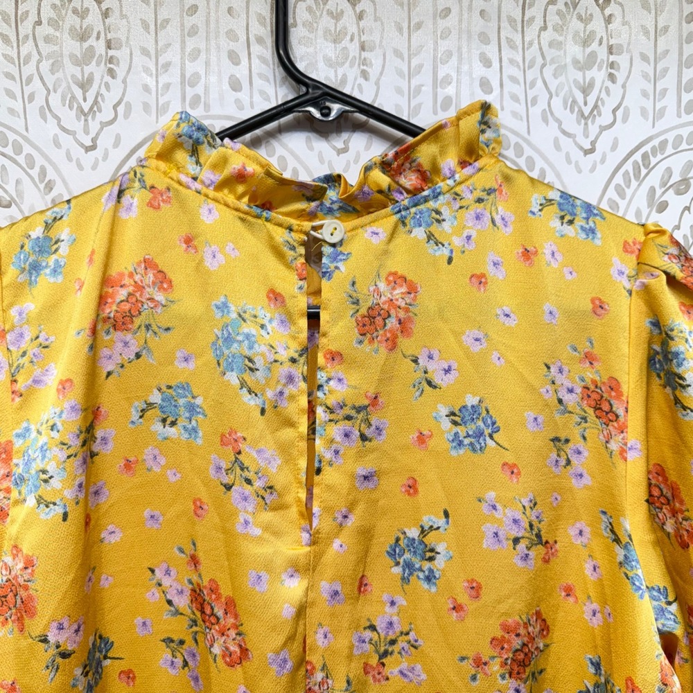 Velvet Torch Mini Dress Women XL Yellow Floral Ruffle Puff Sleeve Keyhole Back - Picture 8 of 9
